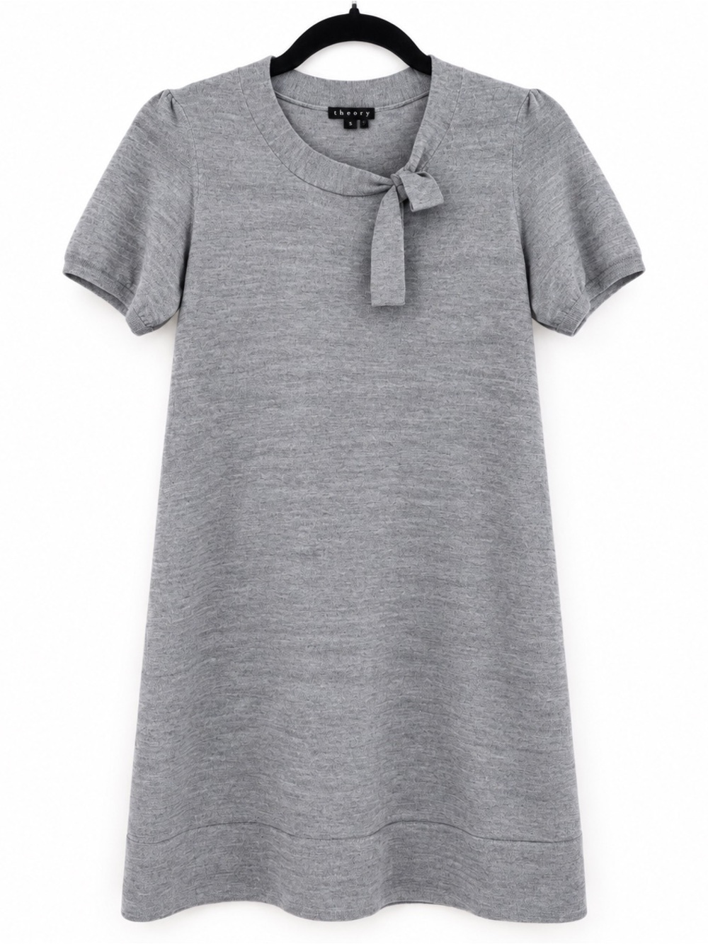 Theory Gray Merino Wool Sweater Dress Bow Neck Short Sleeve Mini Shift Small